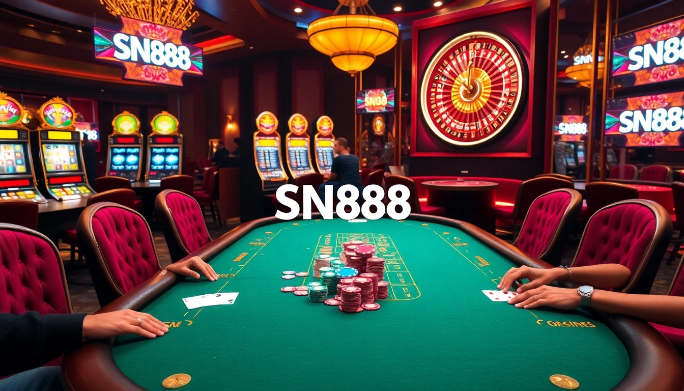 Engage in thrilling poker gameplay at a luxurious casino table featuring SN888 betting options.