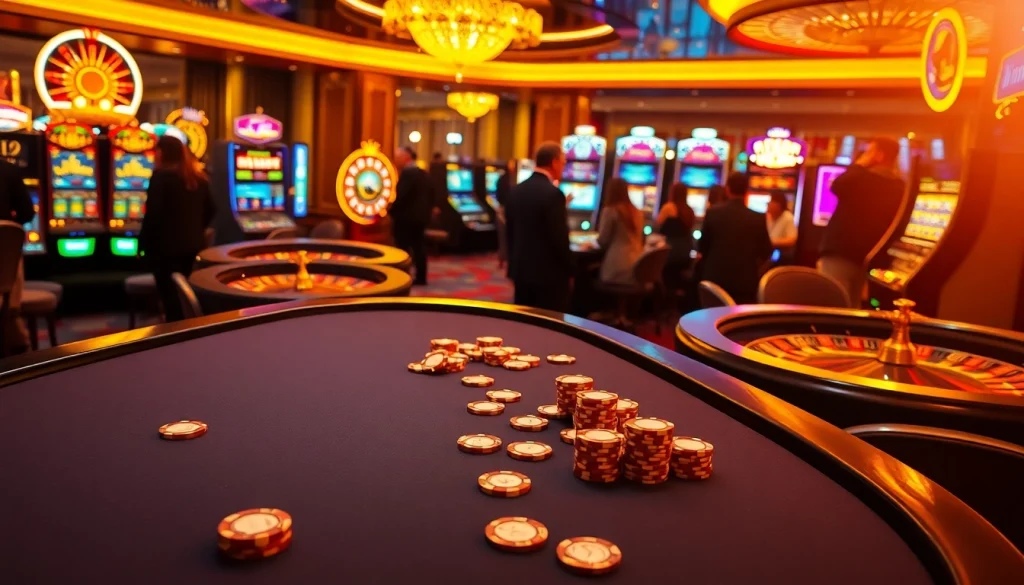 Excited players engaging in gambling activities at https://rr88it.com/, featuring poker tables and slot machines.