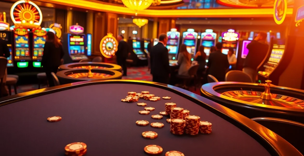Excited players engaging in gambling activities at https://rr88it.com/, featuring poker tables and slot machines.