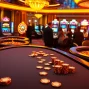 Excited players engaging in gambling activities at https://rr88it.com/, featuring poker tables and slot machines.