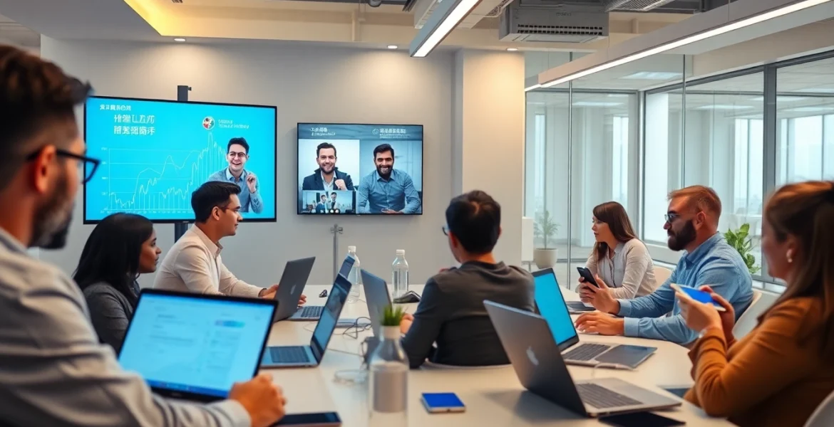 HelloWorld下载 - A diverse team engaging in a seamless video conference with HelloWorld software in a bright modern office.