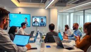 HelloWorld下载 - A diverse team engaging in a seamless video conference with HelloWorld software in a bright modern office.