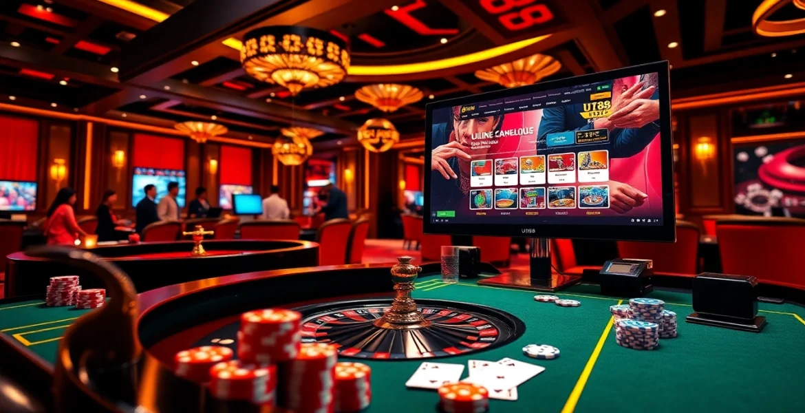 Experience thrilling gameplay at uu88 with a modern casino setting, featuring poker and roulette elements.