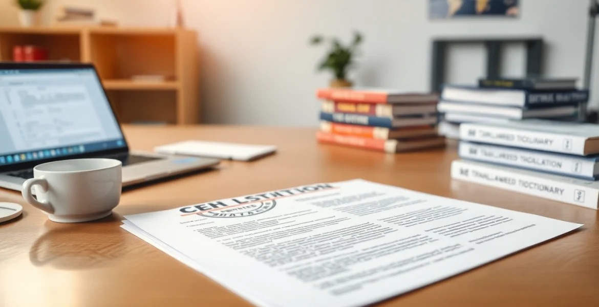 Soudní překlad with a certified translation stamp and legal document on a professional desk.