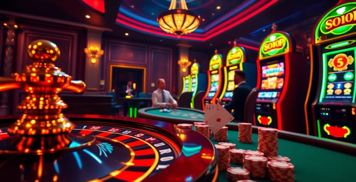 Exciting casino scene reflecting fly88deal with roulette, poker, and slot machines.