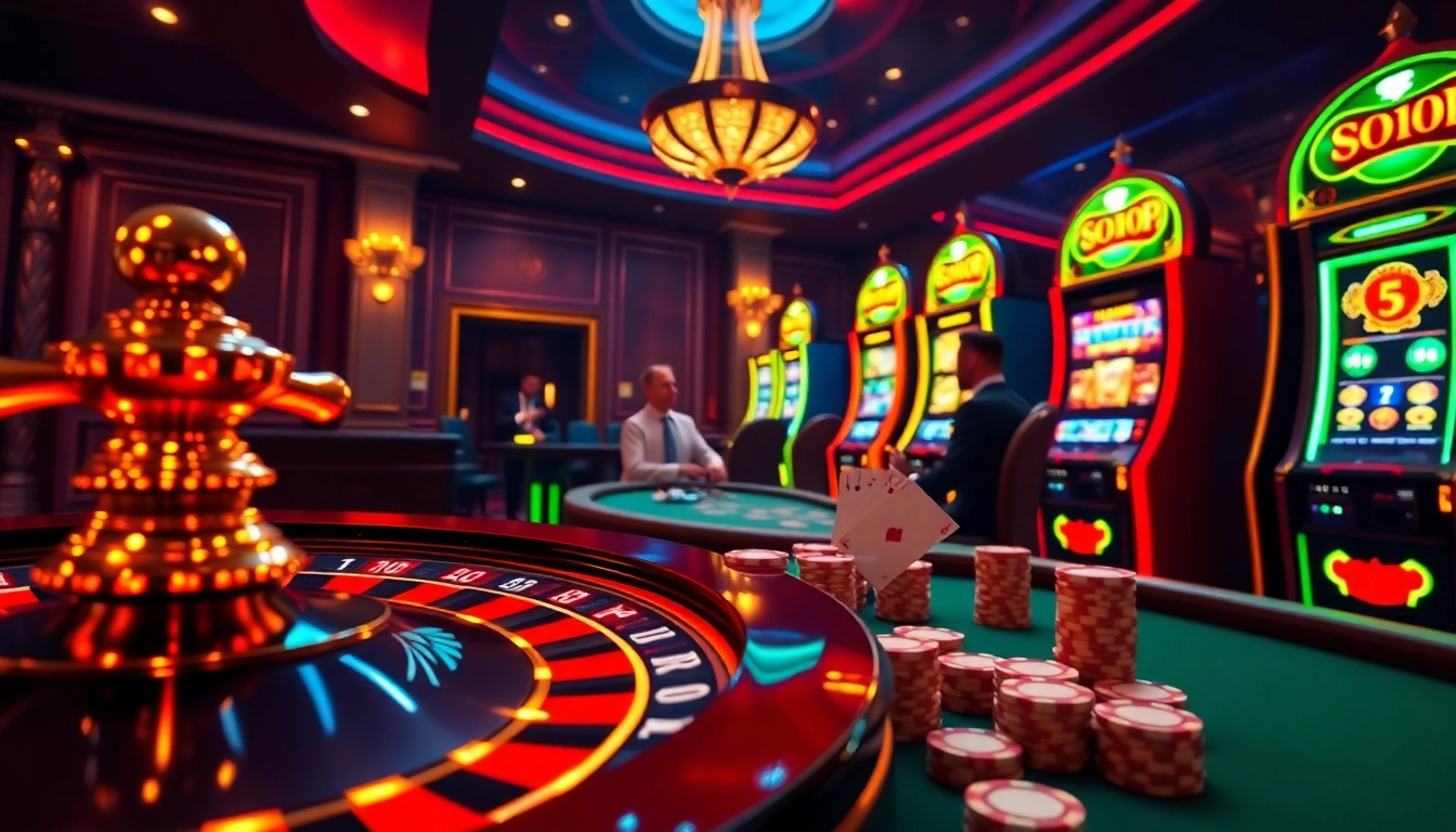 Exciting casino scene reflecting fly88deal with roulette, poker, and slot machines.