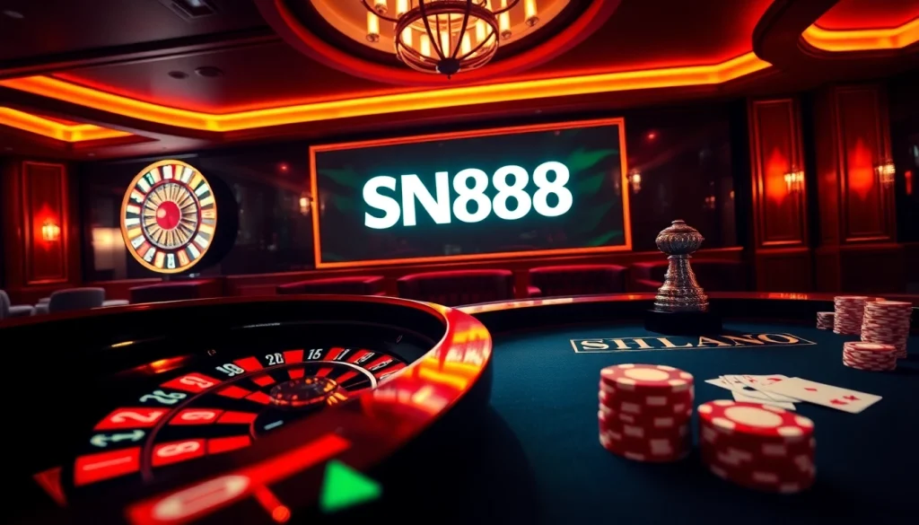 Experience the thrill of SN888 gambling with vibrant poker chips and a roulette wheel in a luxurious casino.