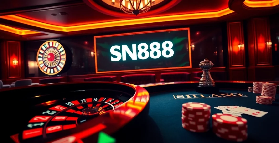 Experience the thrill of SN888 gambling with vibrant poker chips and a roulette wheel in a luxurious casino.
