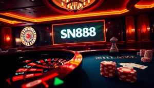 Experience the thrill of SN888 gambling with vibrant poker chips and a roulette wheel in a luxurious casino.