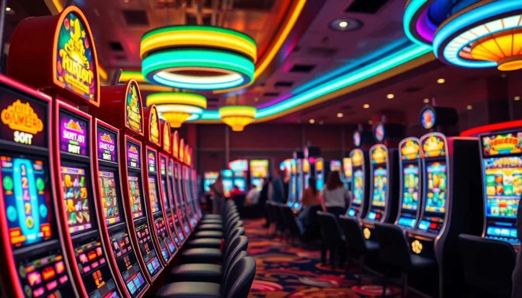 Menampilkan aksi slot pulsa dengan mesin slot berwarna cerah di kasino.