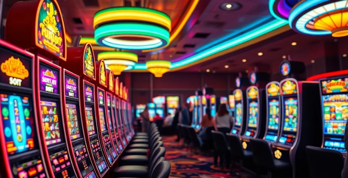 Menampilkan aksi slot pulsa dengan mesin slot berwarna cerah di kasino.