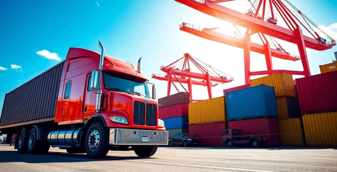 Showcasing Drayage operations at a busy port with trucks and containers.