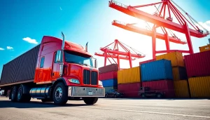 Showcasing Drayage operations at a busy port with trucks and containers.