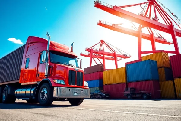 Showcasing Drayage operations at a busy port with trucks and containers.