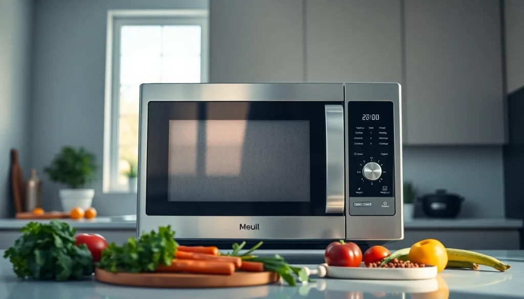 Showcase a modern microwave oven preparing fresh ingredients in a well-lit kitchen.
