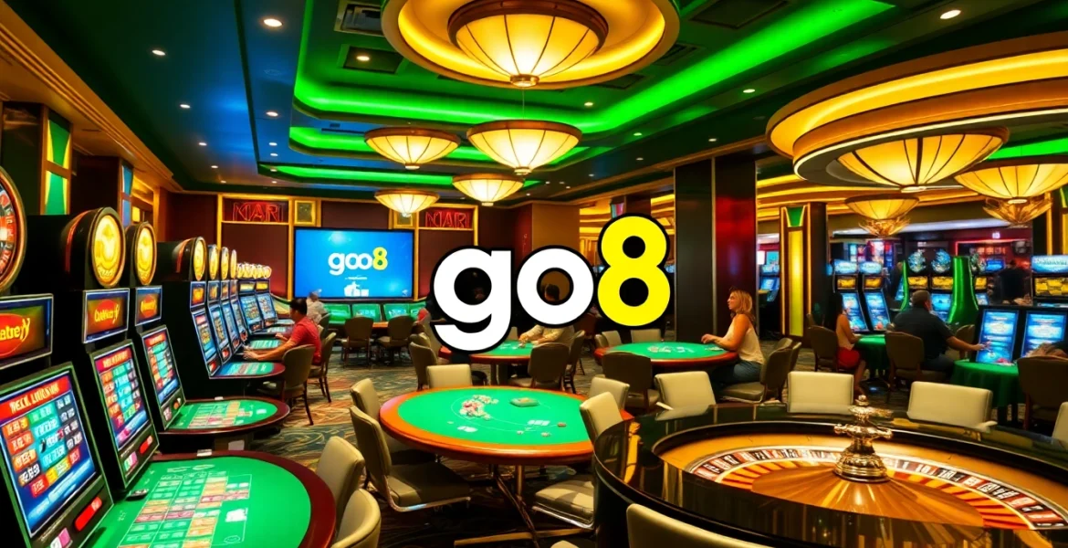 Exciting casino scene featuring go8 gaming tables and vibrant slot machines for a thrilling experience.