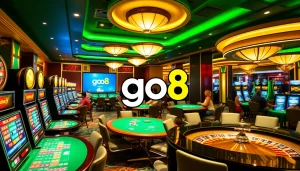 Exciting casino scene featuring go8 gaming tables and vibrant slot machines for a thrilling experience.