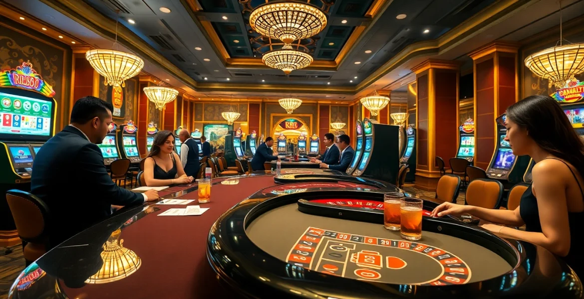 Exciting casino environment showcasing RR88 with players engaged at blackjack tables.