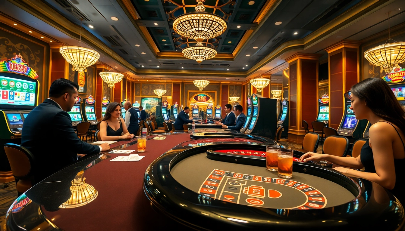 Exciting casino environment showcasing RR88 with players engaged at blackjack tables.