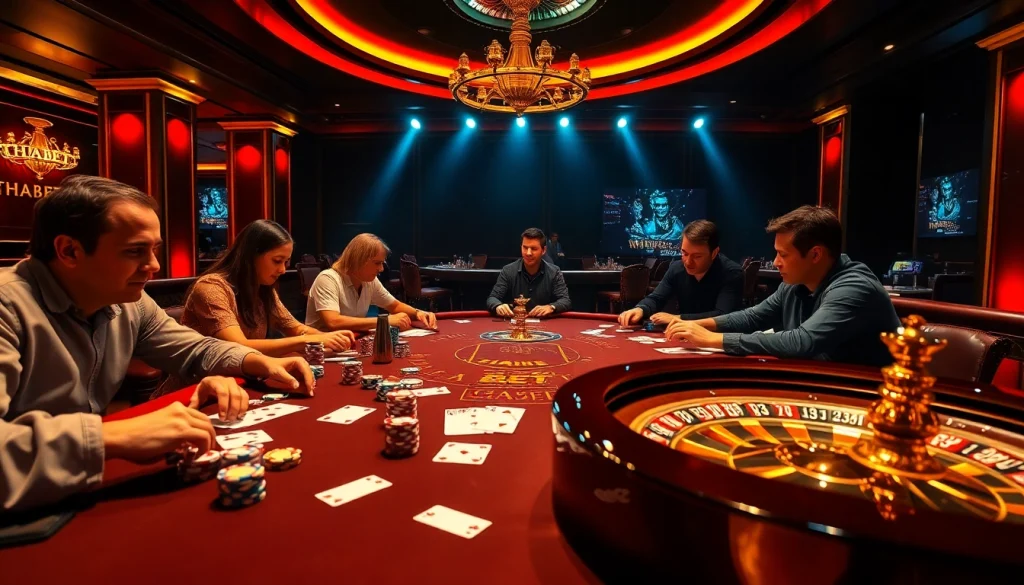 Engage with THABET's thrilling casino experience featuring players at a poker table.