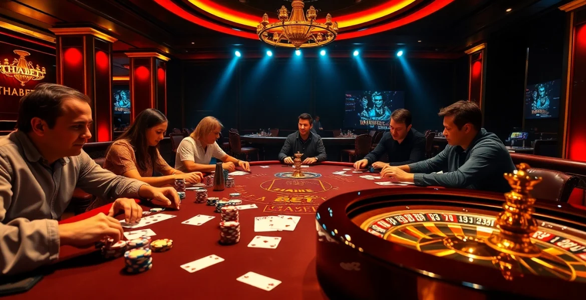 Engage with THABET's thrilling casino experience featuring players at a poker table.