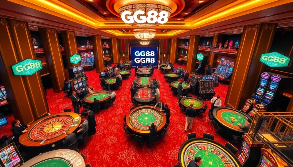 GG88 players enjoying the thrill of casino games with vibrant poker chips and tables.