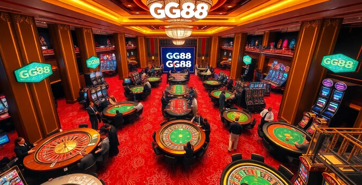 GG88 players enjoying the thrill of casino games with vibrant poker chips and tables.