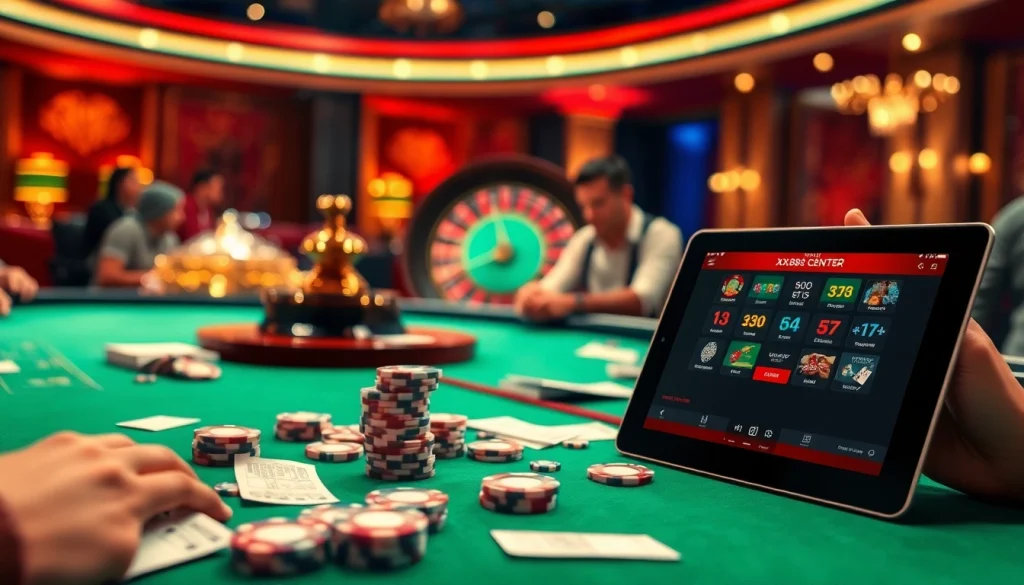 Exciting casino atmosphere with online gaming elements from https://xx88.center/ showcasing poker and roulette.