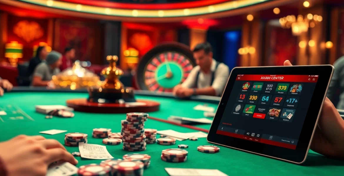 Exciting casino atmosphere with online gaming elements from https://xx88.center/ showcasing poker and roulette.