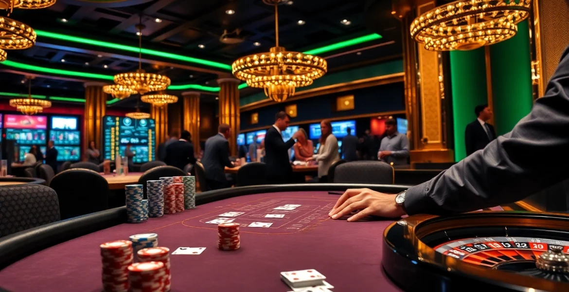 Exciting F168 poker game with vibrant chips and cards in a luxurious casino setting.