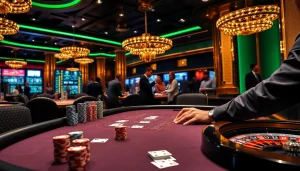 Exciting F168 poker game with vibrant chips and cards in a luxurious casino setting.