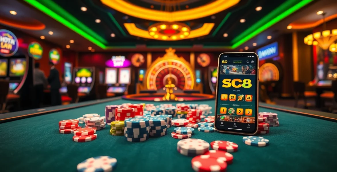 Engaging scene of a luxurious casino layout featuring gaming tables and vibrant chips at https://sc88.ad/.