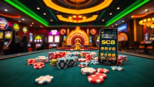 Engaging scene of a luxurious casino layout featuring gaming tables and vibrant chips at https://sc88.ad/.