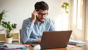 Individuals experiencing brain fog in a bright, disorganized workspace, showcasing concentration struggles.