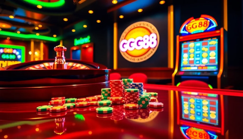 Play exciting games at GG88 with vibrant poker chips and a spinning roulette wheel.