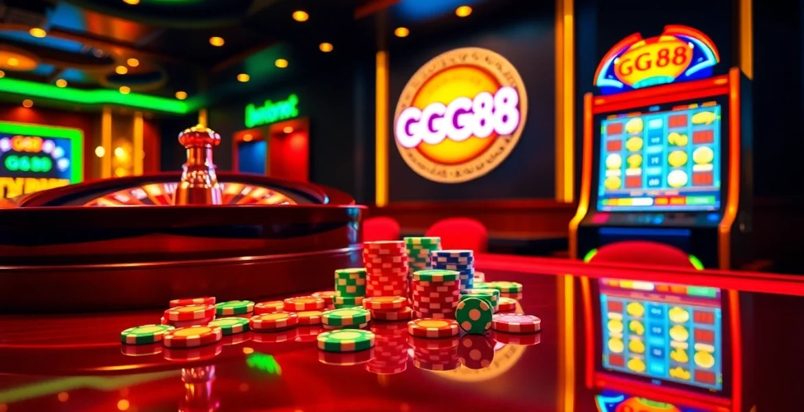 Play exciting games at GG88 with vibrant poker chips and a spinning roulette wheel.
