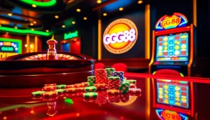 Play exciting games at GG88 with vibrant poker chips and a spinning roulette wheel.