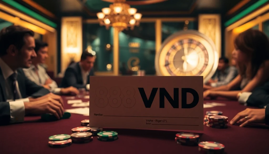 Action-packed scene of players at a poker table, highlighting 888VND bets within a luxurious casino ambiance.