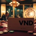 Action-packed scene of players at a poker table, highlighting 888VND bets within a luxurious casino ambiance.