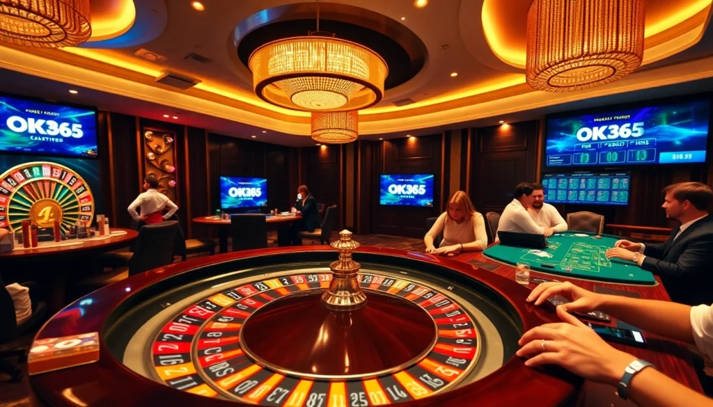 Exciting gaming scene at OK365 with roulette, poker, and vibrant casino atmosphere.
