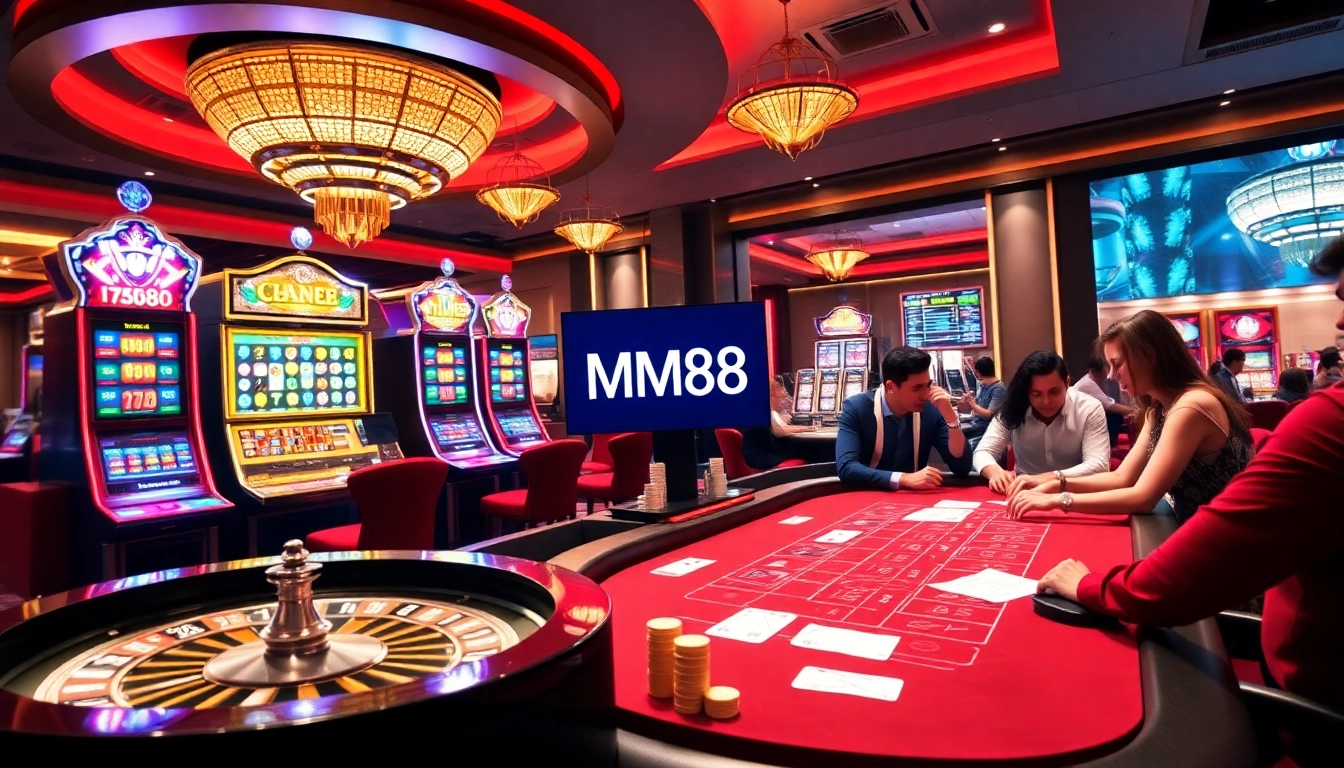 MM88 players placing bets at a luxuriously designed casino table with vibrant slot machines in the background.