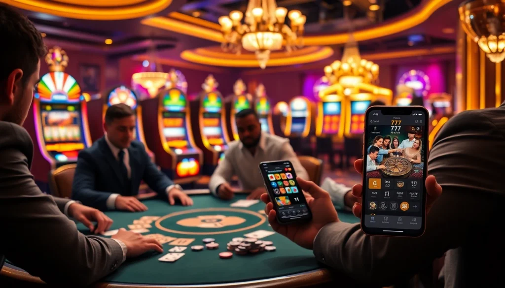 The excitement of players using the 7c77 app at a bustling poker table in a luxurious casino.