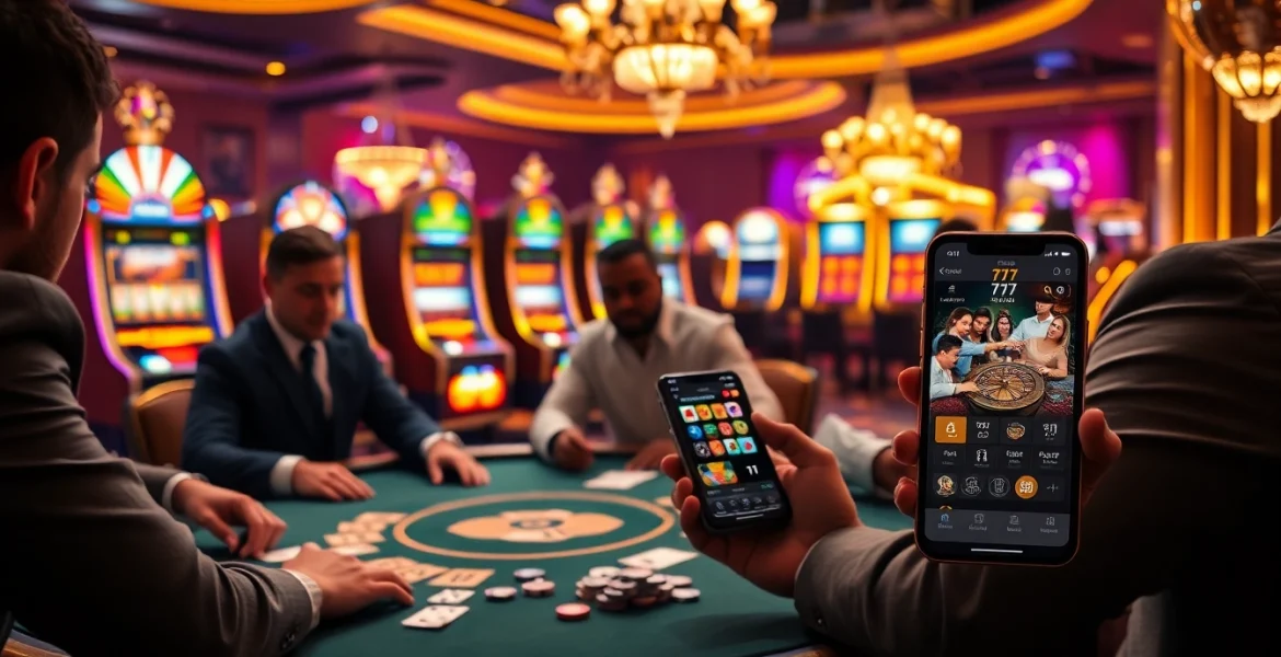 The excitement of players using the 7c77 app at a bustling poker table in a luxurious casino.