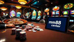 Exciting gaming atmosphere at http://mm88.center/ with players at poker and roulette tables.