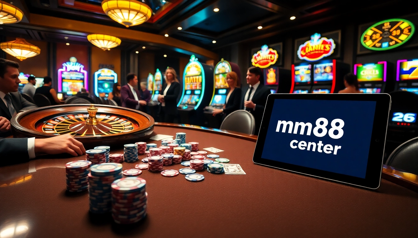 Exciting gaming atmosphere at http://mm88.center/ with players at poker and roulette tables.