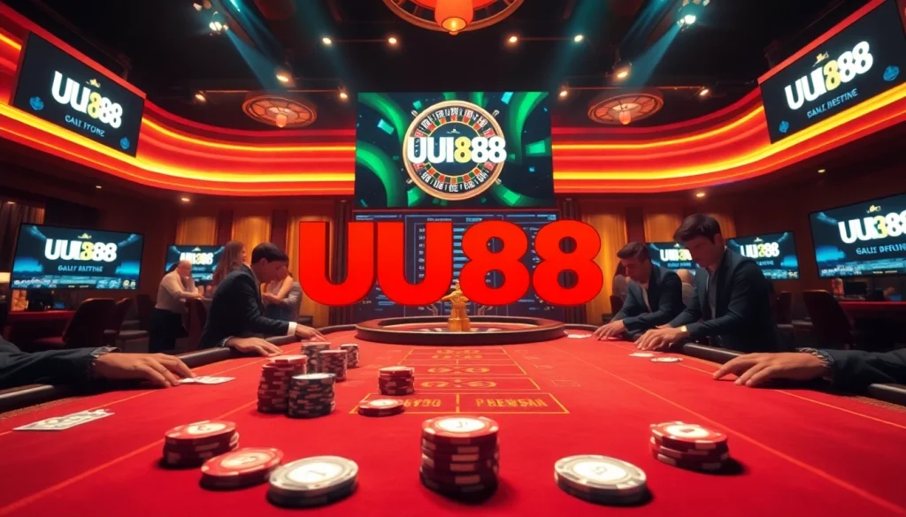 UU88 players engaging at a luxurious casino table with poker chips and cards.