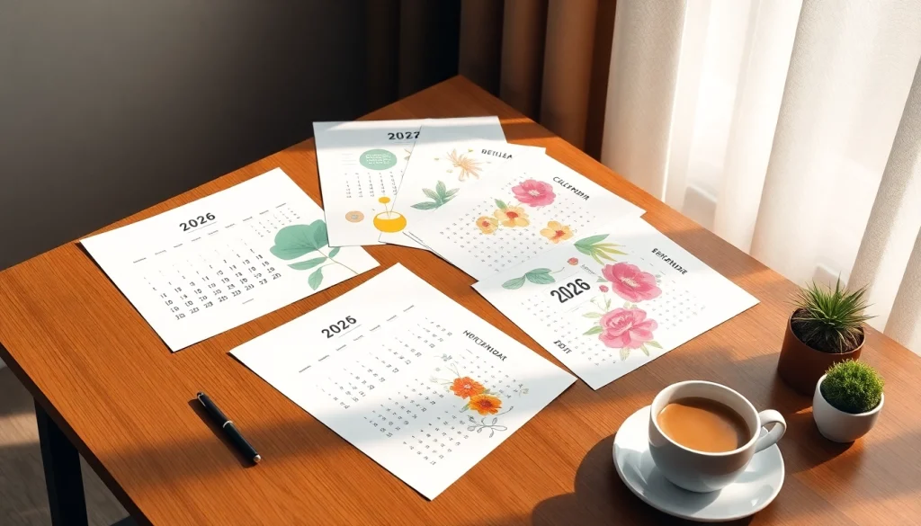 Printable calendar 2026 displayed on a stylish desk with colorful designs and a cozy ambiance.