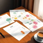 Printable calendar 2026 displayed on a stylish desk with colorful designs and a cozy ambiance.