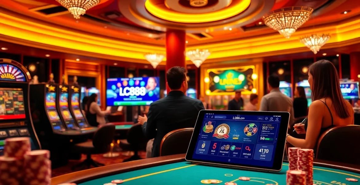 Engage in thrilling casino action at Lc88.com with luxurious slot machines and vibrant chips on the table.