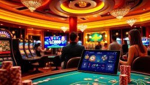 Engage in thrilling casino action at Lc88.com with luxurious slot machines and vibrant chips on the table.